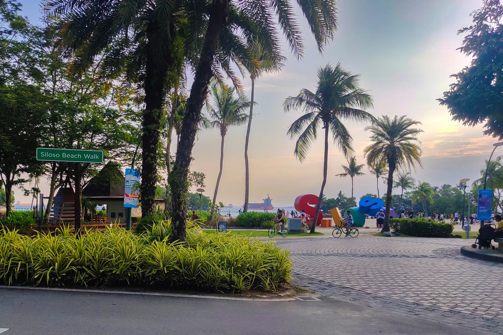 The Siloso Beach Walk on Sentosa, with coconut palms, a signpost and a paved path running beside the beach