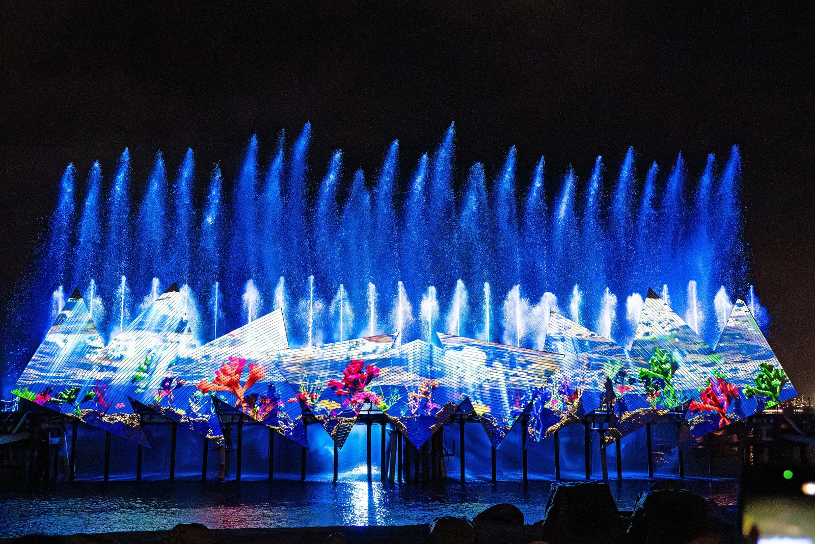 Water jets rise in front of an angular projection screen showing a coral reef scene during Wings of Time at night, with the silhouettes of the audience below